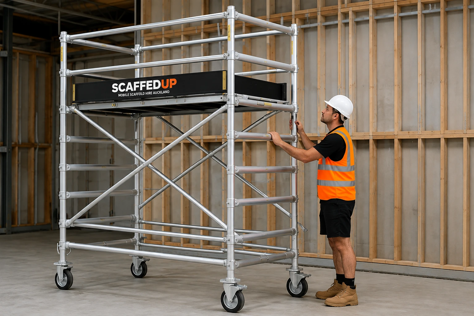 Builder using a mobile scaffold tower on an Auckland construction site